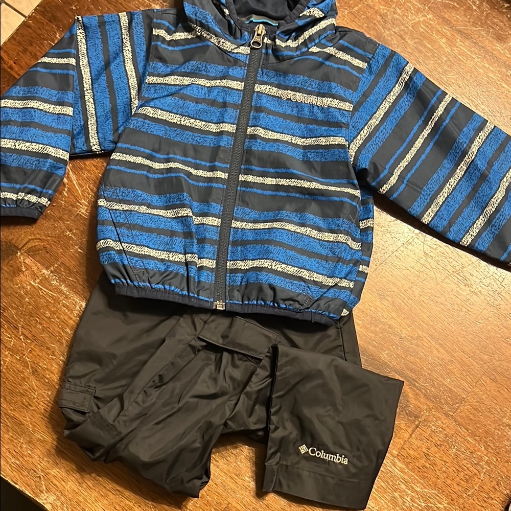 Columbia Kids Rain Gear Bundle. Blue and Black Jacket and Black Pants Set